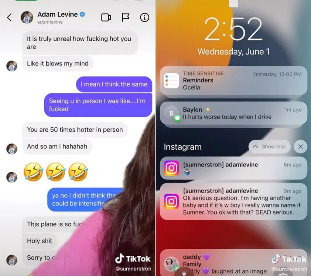 Screenshots of Sumner Stroh’s conversation with Adam Levine via Instagram DM that Stroh included in her TikTok. Photo: @sumnerstroh/TikTok Screenshots of Sumner Stroh’s conversation with Adam Levine via Instagram DM that Stroh included in her TikTok. Photo: @sumnerstroh/TikTok