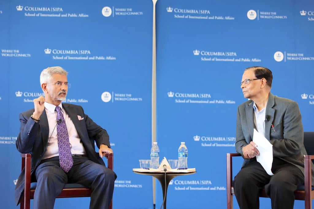 Indian External Affairs Minister Subrahmanyam Jaishankar (left) speaks with moderator Arvind Panagariya, a professor of Indian political economy at Columbia University, during an event in New York on Wednesday. Photo: via Twitter Indian External Affairs Minister Subrahmanyam Jaishankar (left) speaks with moderator Arvind Panagariya, a professor of Indian political economy at Columbia University, during an event in New York on Wednesday. Photo: via Twitter