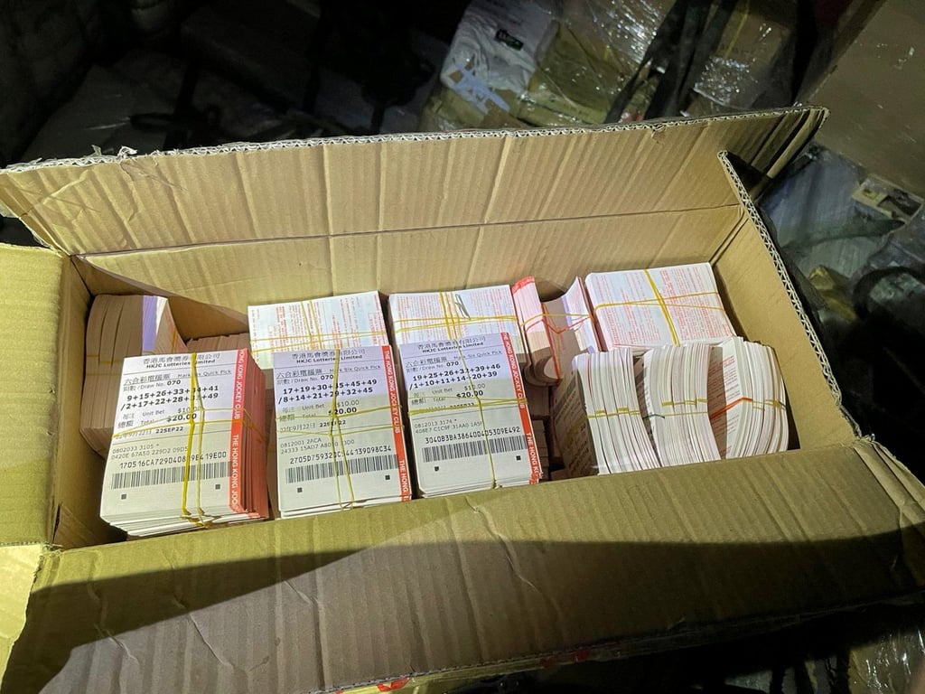A box containing Mark Six lottery tickets found on a Macau-bound cargo vessel. Photo: Handout A box containing Mark Six lottery tickets found on a Macau-bound cargo vessel. Photo: Handout