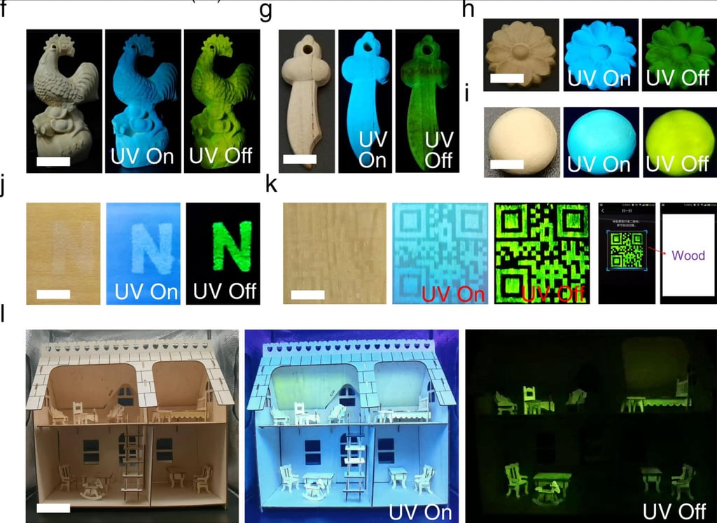 Some of the study’s results, showing treated wood in normal light, as well as during and after exposure to ultraviolet lighting. Photo: Handout