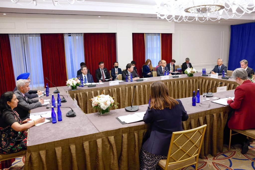Representatives of the Quadrilateral Security Dialogue comprising Australia, India, Japan and the US meet on the sidelines of the UN General Assembly in New York on Friday. Photo: Courtesy of @DrSJaishankar via Twitter