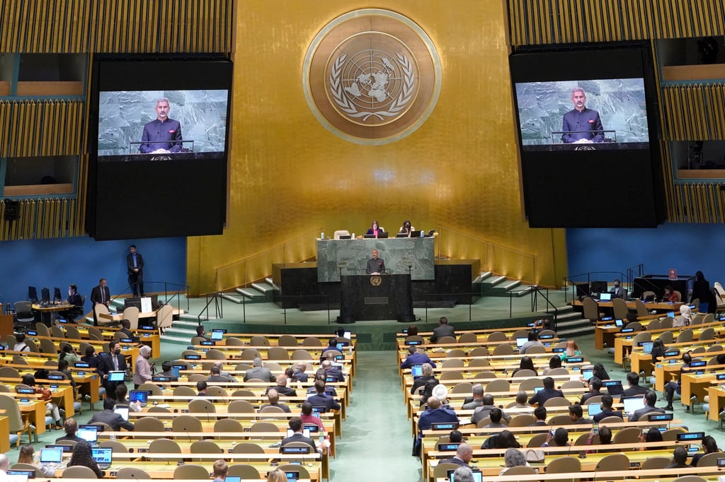 Foreign Minister of India Subrahmanyam Jaishankar addresses the 77th session of the United Nations General Assembly, in New York on Saturday. Photo: AP Photo Foreign Minister of India Subrahmanyam Jaishankar addresses the 77th session of the United Nations General Assembly, in New York on Saturday. Photo: AP Photo