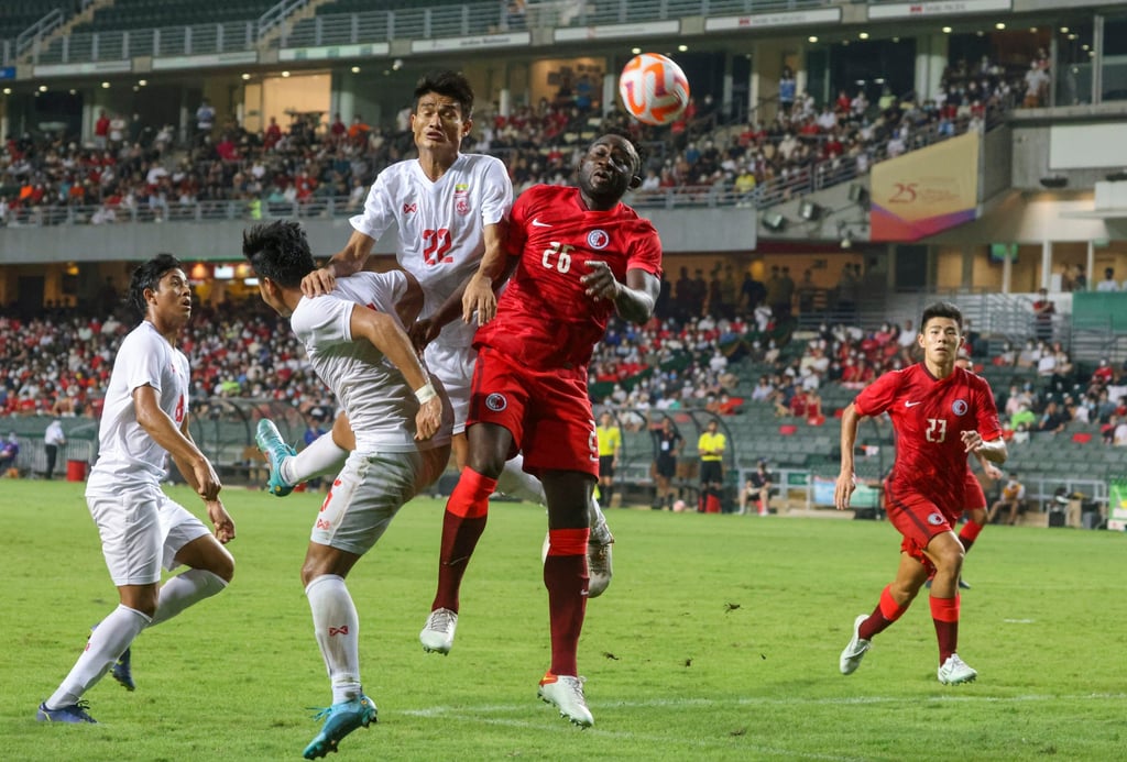 Hong Kong’s Alex Akande looks to head the ball against Myanmar. Photo: Dickson Lee Hong Kong’s Alex Akande looks to head the ball against Myanmar. Photo: Dickson Lee