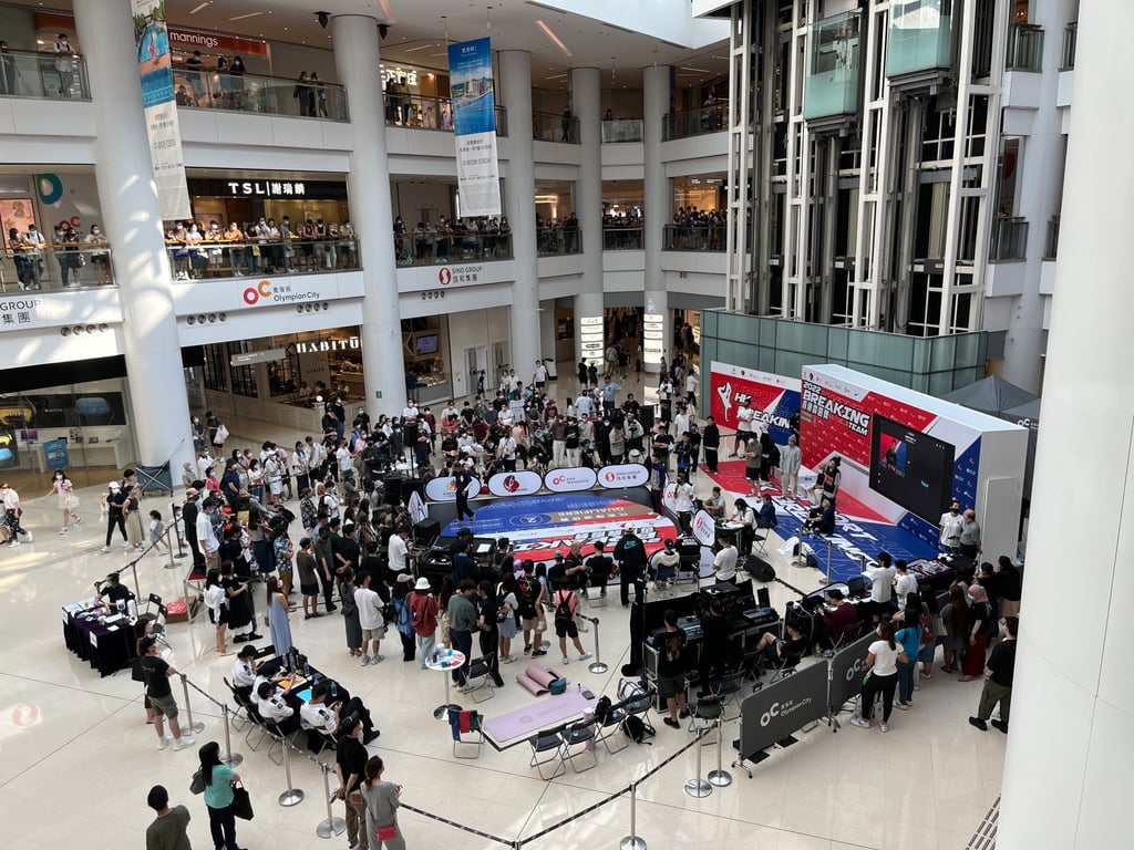 The Hong Kong breakdancing team qualifiers draw a crowd to Olympian City on Sunday. Photo: Shirley Chui The Hong Kong breakdancing team qualifiers draw a crowd to Olympian City on Sunday. Photo: Shirley Chui