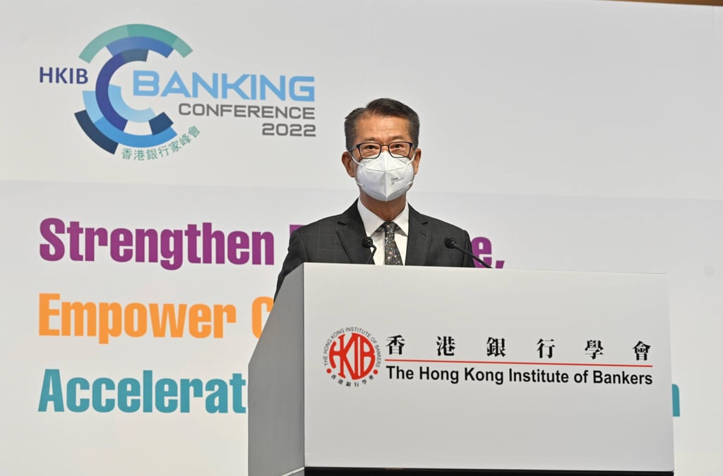 Financial Secretary Paul Chan Mo-po speaking at the annual conference of the Hong Kong Institute of Bankers (HKIB) on 27 September 2022. Photo: Handout