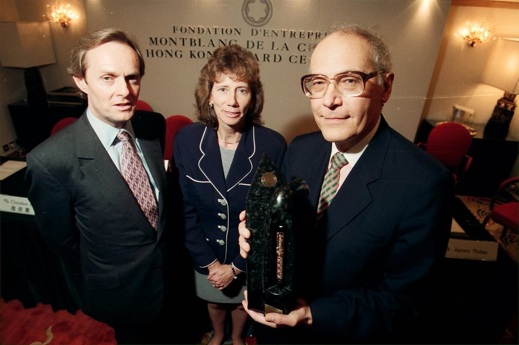 Joseph Hotung (right) in 1996, after winning the Montblanc de la Culture Award – given for support of the arts – with Lavender Patten (middle), the wife of Hong Kong’s former governor, Chris Patten; and Lord Douro, chairman of the Montblanc Foundation. Photo: SCMP Joseph Hotung (right) in 1996, after winning the Montblanc de la Culture Award – given for support of the arts – with Lavender Patten (middle), the wife of Hong Kong’s former governor, Chris Patten; and Lord Douro, chairman of the Montblanc Foundation. Photo: SCMP