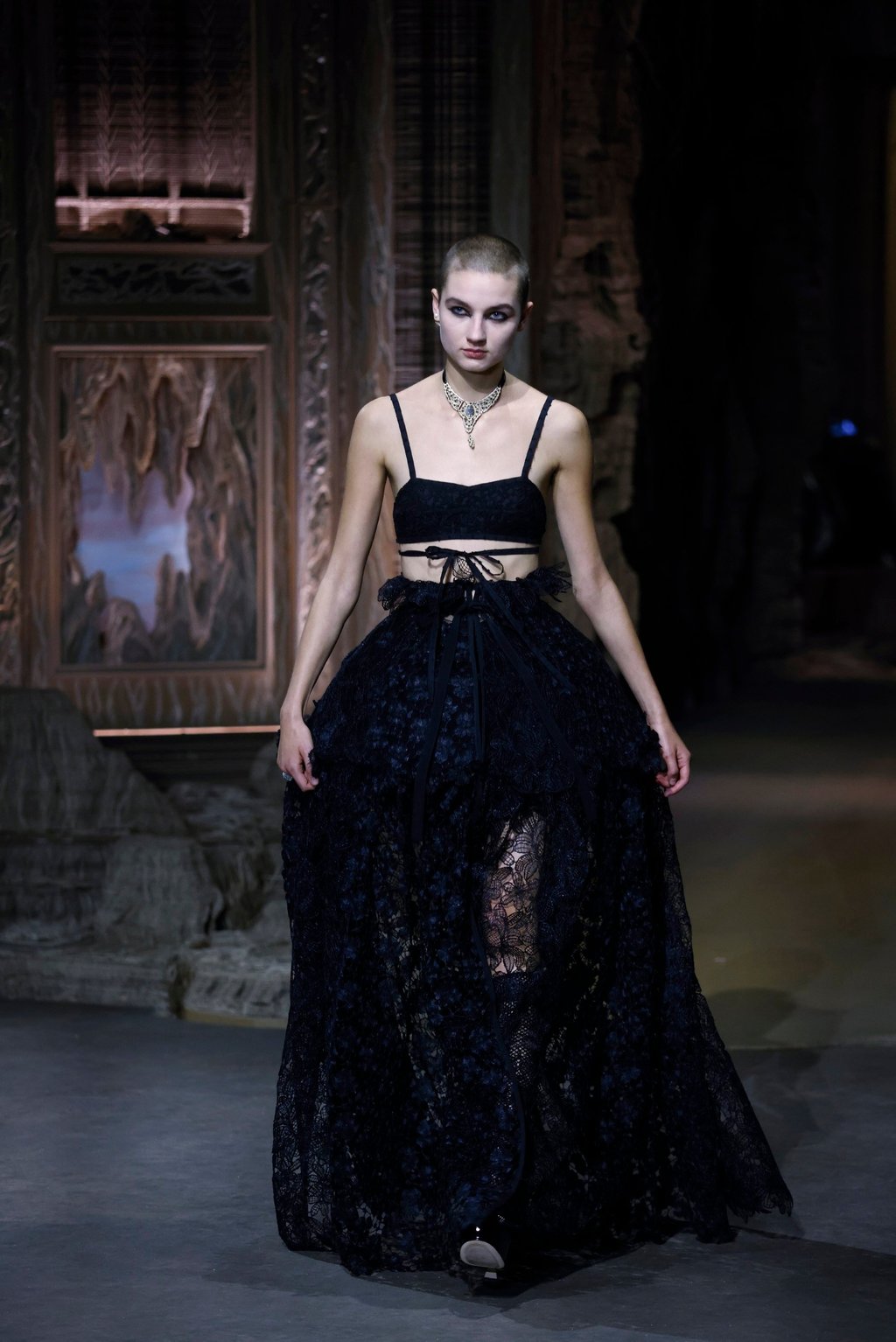 A black lace look from the spring/summer 2023 ready-to-wear collection by Italian designer Maria Grazia Chiuri for the Dior fashion house during the Paris Fashion Week, in Paris, France, on September 27. Photo: EPA-EFE