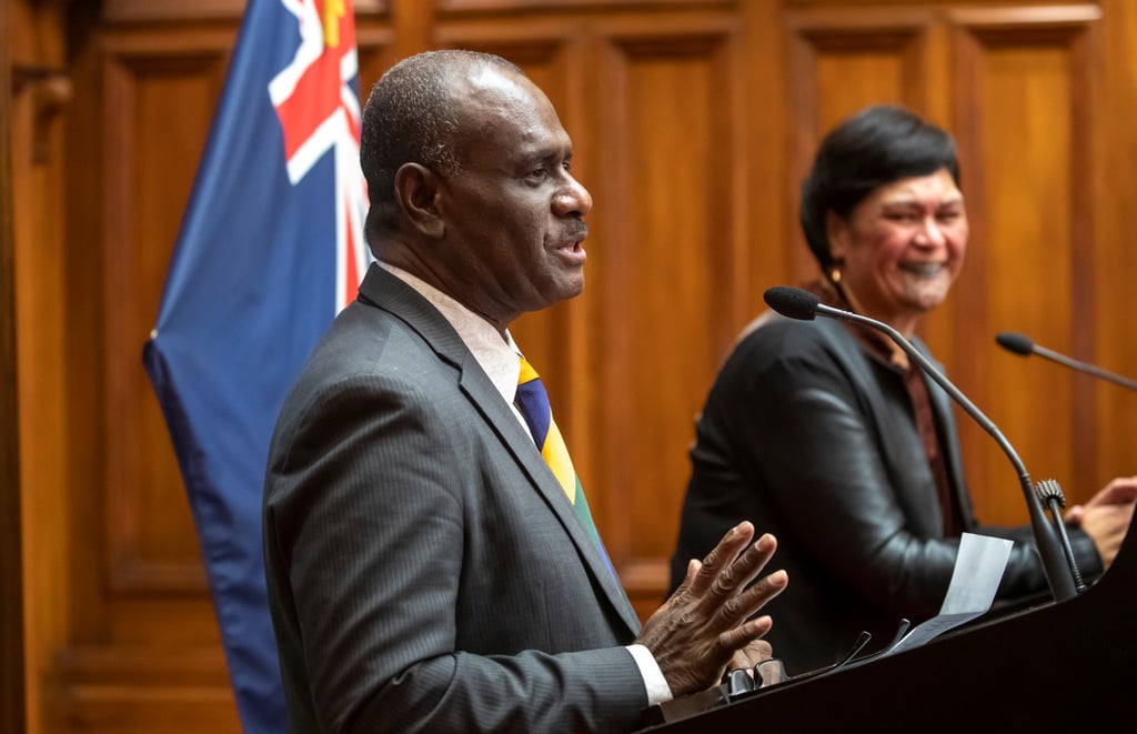 Solomon Islands Foreign Minister Jeremiah Manele and New Zealand Foreign Minister Nanaia Mahuta during their joint media conference at Parliament, Wellington on Tuesday. Photo: New Zealand Herald