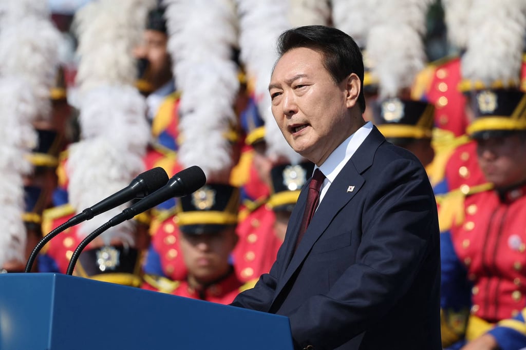South Korea’s President Yoon Suk-yeol during a ceremony marking the 74th anniversary of Armed Forces Day at the Military Base in Gyeryong city on October 1, 2022. Photo: Yonhap/AFP South Korea’s President Yoon Suk-yeol during a ceremony marking the 74th anniversary of Armed Forces Day at the Military Base in Gyeryong city on October 1, 2022. Photo: Yonhap/AFP