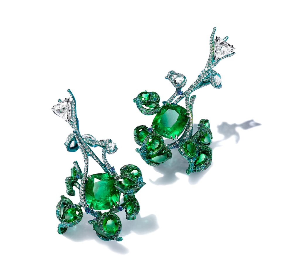 The Morning Dew earrings take inspiration from the organic curves of ivy, and are set with vivid green emeralds and diamonds.