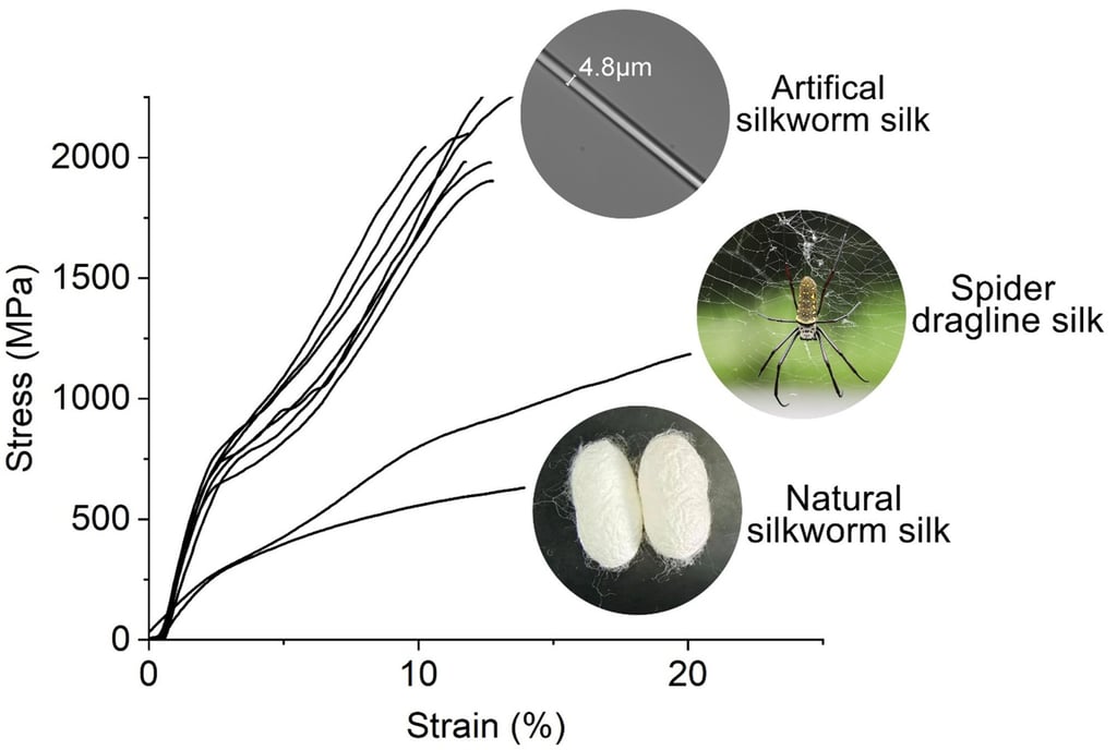 While natural silkworm silk is weaker than the fibres in spider webs, Chinese researchers say they have come up with a process that makes it stronger. Graph: Wang Jingxia, Fan Tiantian and Lin Zhi While natural silkworm silk is weaker than the fibres in spider webs, Chinese researchers say they have come up with a process that makes it stronger. Graph: Wang Jingxia, Fan Tiantian and Lin Zhi