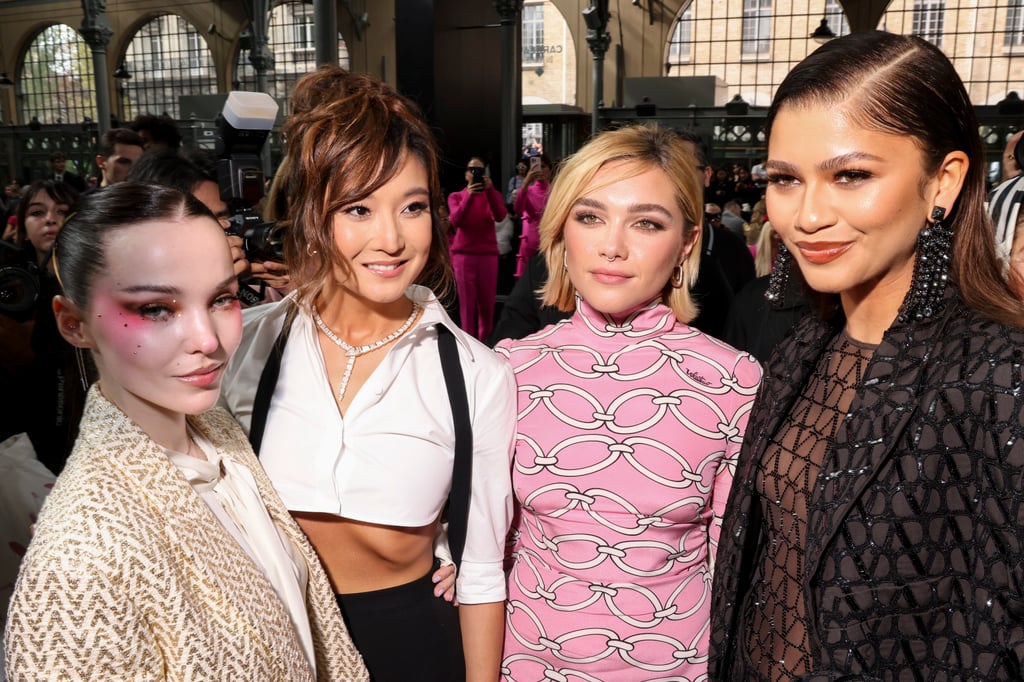 Dove Cameron, from left, Ashley Park, Florence Pugh and Zendaya pose for a photographer upon arrival at the Valentino ready-to-wear spring/summer 2023 fashion collection presented October 2, in Paris. Photo: Invision/AP