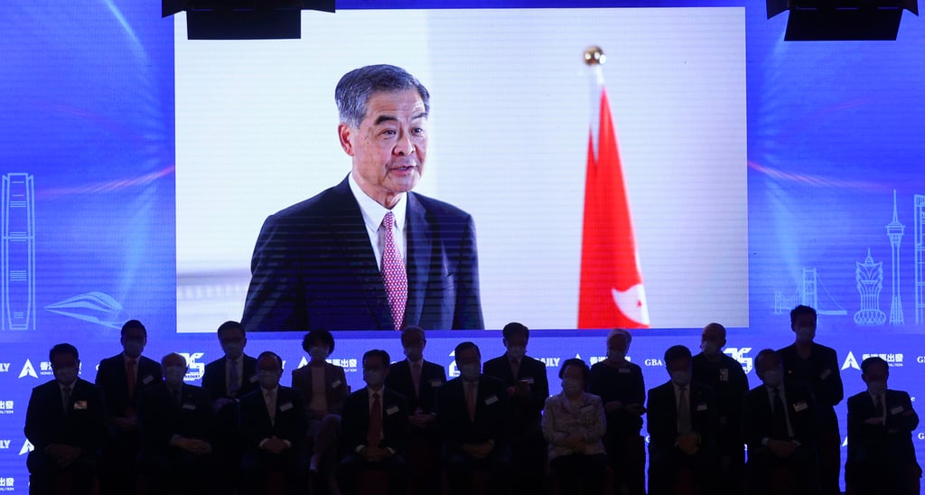 Former Hong Kong chief executive Leung Chun-ying appears on TV as he delivers the keynote address at the Greater Bay Area Forum. Photo: Yik Yeung -man