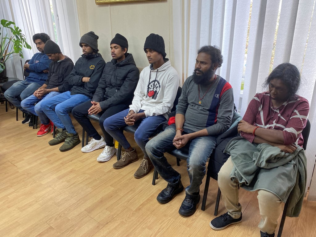 The seven Sri Lanka citizens, who Ukrainian authorities say had been held by Russian forces since March and were rescued during a counteroffensive operation of Ukrainian Armed Forces in Kharkiv, attend a news conference in Kharkiv on September 18. Photo: Reuters