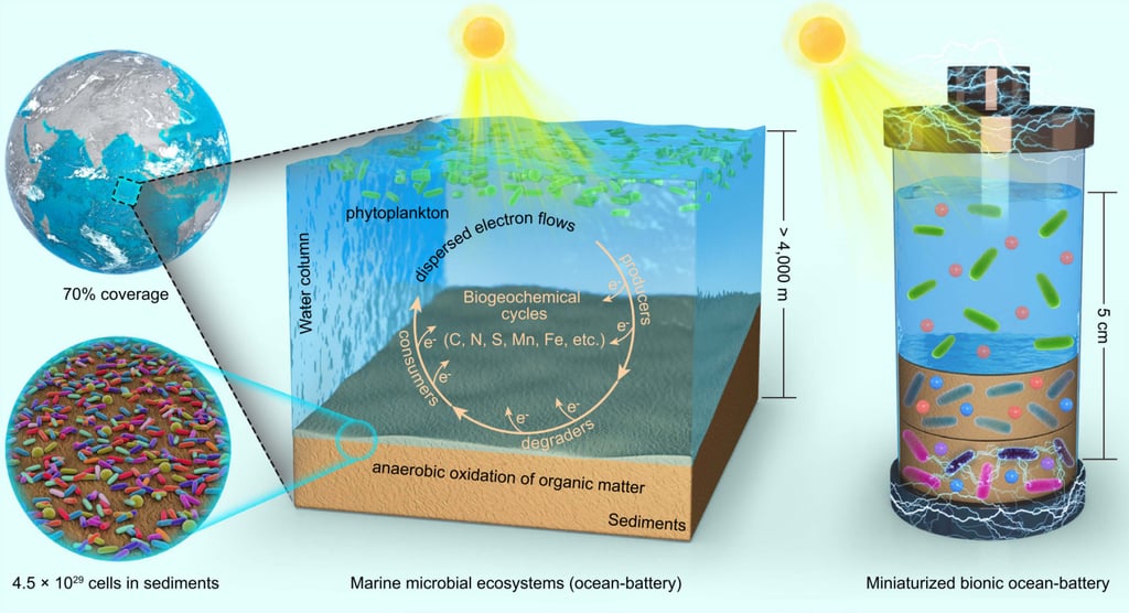 The structure comparison of the marine microbial ecosystems and the bionic ocean-battery. Image: Zhu Huawei