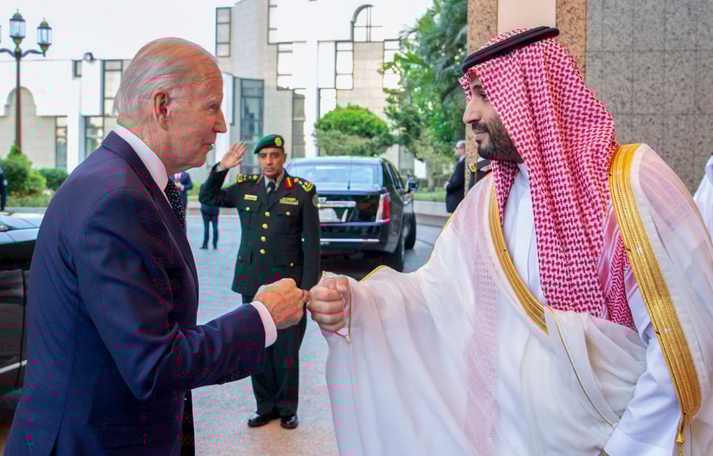 US President Joe Biden (left) shares a fist bump with Saudi crown prince Mohammed bin Salman in Jeddah, Saudi Arabia, on July 15. Photo: AP US President Joe Biden (left) shares a fist bump with Saudi crown prince Mohammed bin Salman in Jeddah, Saudi Arabia, on July 15. Photo: AP