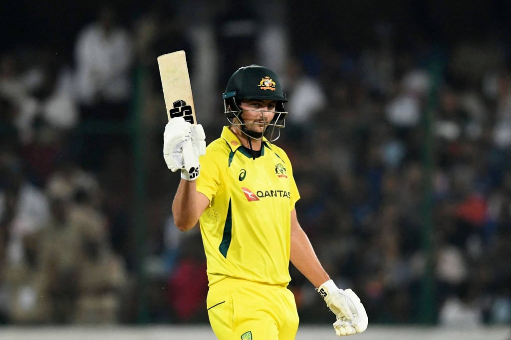Tim David celebrates after scoring a half-century during last month’s Twenty20 international cricket match between India and Australia. Photo: AFP