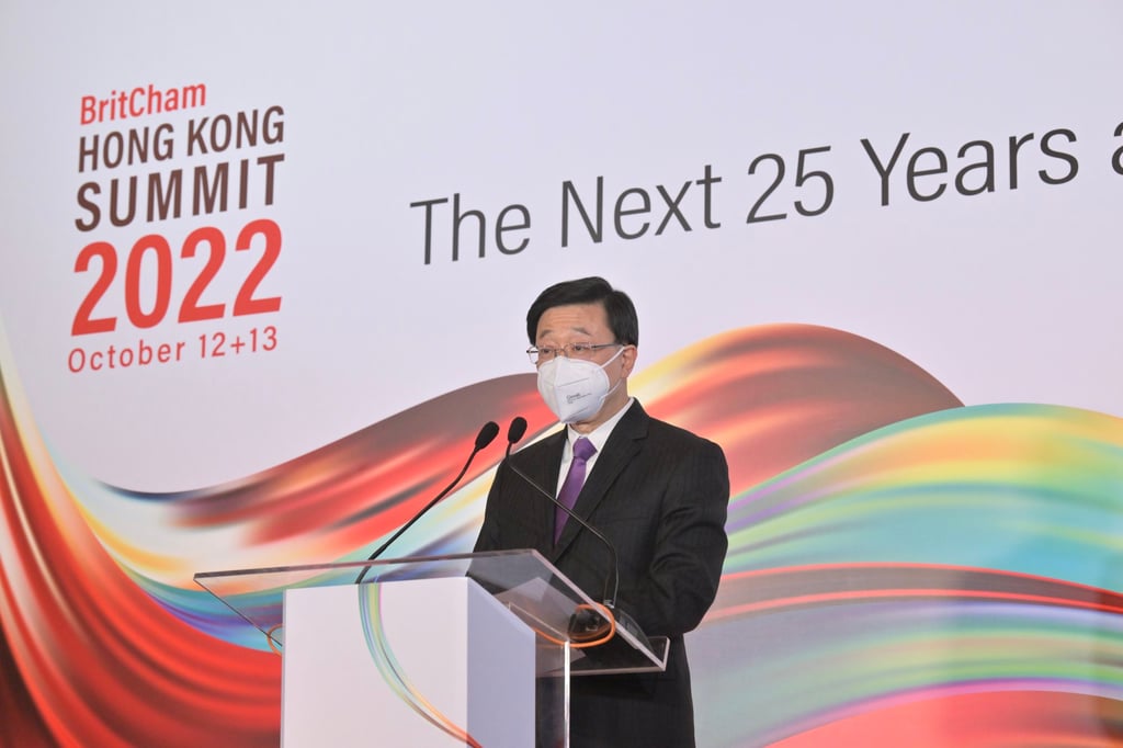 Chief Executive John Lee addresses a summit organised by the British Chamber of Commerce. Photo: Handout