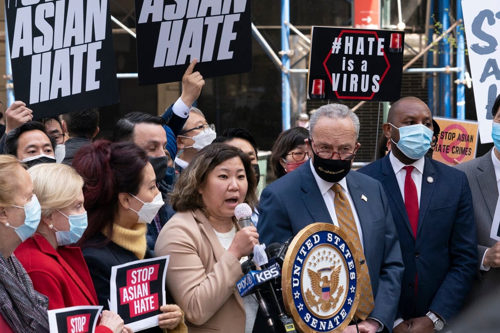 US Representative Grace Meng, Democrat of New York, speaking at a rally for an Asian-American hate crime bill in 2021, joined by Senate Majority Leader Chuck Schumer and other officials. Photo: AP US Representative Grace Meng, Democrat of New York, speaking at a rally for an Asian-American hate crime bill in 2021, joined by Senate Majority Leader Chuck Schumer and other officials. Photo: AP