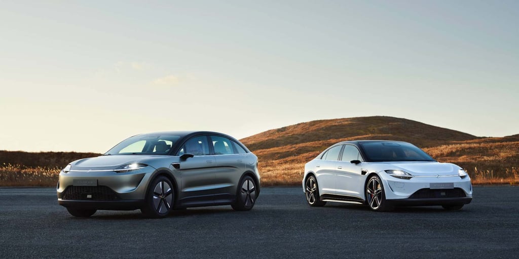 Undated photographs of the concepts of Sony Honda Mobility’s Vision S01 coupe (right) and S02 sports-utility vehicle (left). Photo: Sony