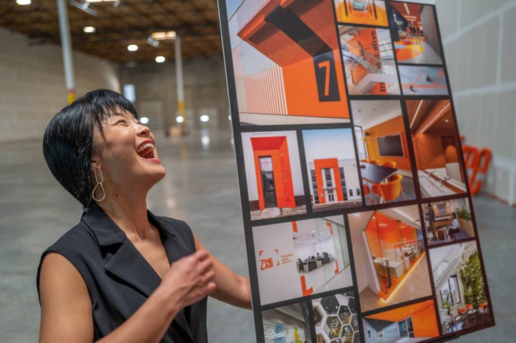 Fengru Lin, CEO and co-founder of Singapore biotechnology start-up TurtleTree, with a display of proposed renderings for the company’s plant in West Sacramento, California. Photo: TNS Fengru Lin, CEO and co-founder of Singapore biotechnology start-up TurtleTree, with a display of proposed renderings for the company’s plant in West Sacramento, California. Photo: TNS