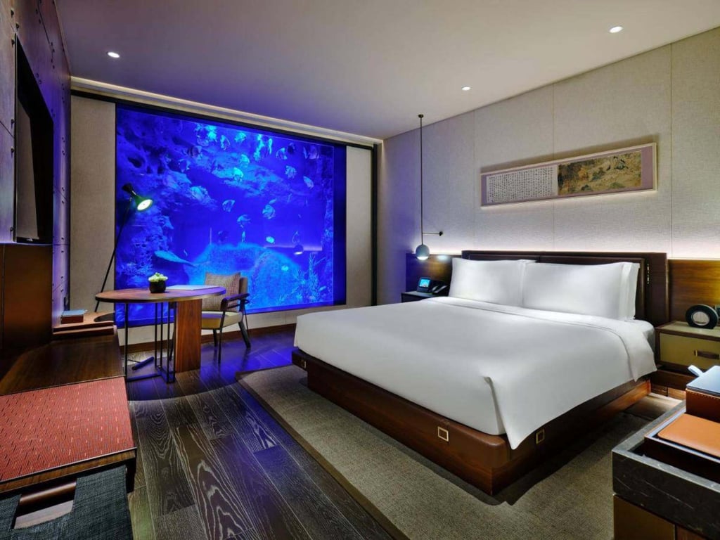 Inside an underwater bedroom at the Intercontinental Shanghai Wonderland. Photo: Handout Inside an underwater bedroom at the Intercontinental Shanghai Wonderland. Photo: Handout