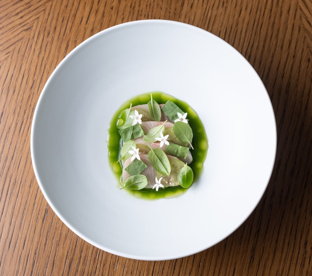 Yellow tail, tomatillo, sorrel, jalapeño, colatura di alici and monocultivar Frantoio extra virgin olive oil. Photo: Amber Yellow tail, tomatillo, sorrel, jalapeño, colatura di alici and monocultivar Frantoio extra virgin olive oil. Photo: Amber