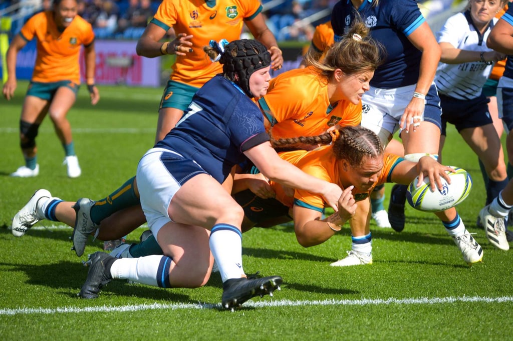 Australia’s Adiana Talakai scores a try during the New Zealand 2021 Women’s Rugby World Cup Pool A match between Australia and Scotland. Photo: AFP Australia’s Adiana Talakai scores a try during the New Zealand 2021 Women’s Rugby World Cup Pool A match between Australia and Scotland. Photo: AFP