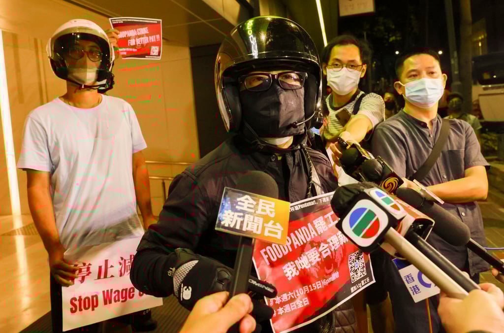 A Foodpanda courier announces the strike during a press conference. Photo: Dickson Lee A Foodpanda courier announces the strike during a press conference. Photo: Dickson Lee