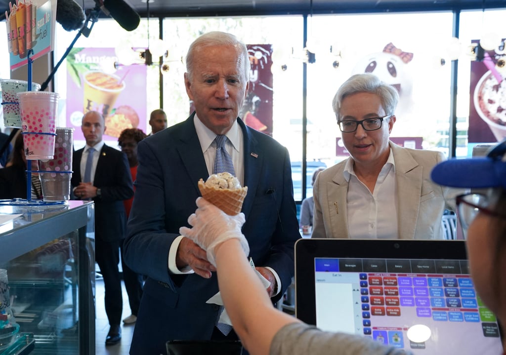 US President Joe Biden and Oregon Democratic candidate Tina Kotek stop for an ice cream, in Portland, Oregon on Saturday. Kotek is running for governor of the state. Photo: Reuters