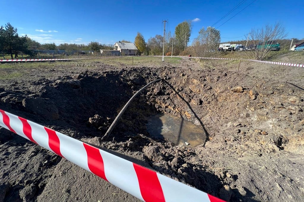 A photo released by Vyacheslav Gladkov, governor of the Belgorod region, claims to show a crater created by an explosion after alleged Ukrainian shelling, outside Belgorod, Russia on Sunday. Photo: Vyacheslav Gladkov via AP