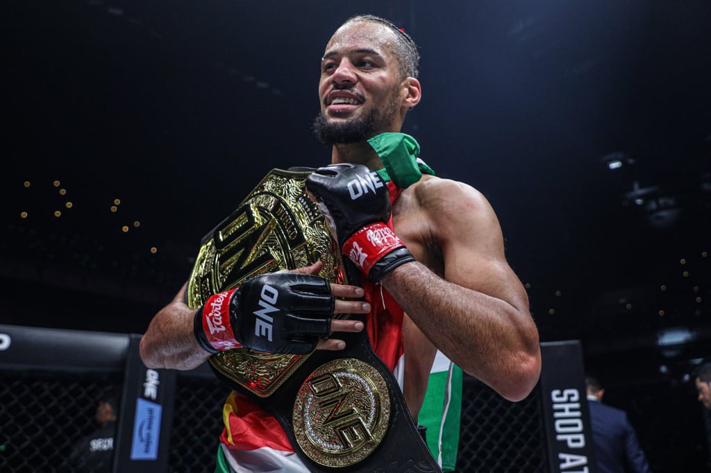 Regian Eersel celebrates after winning the lightweight Muay Thai title. Regian Eersel celebrates after winning the lightweight Muay Thai title.