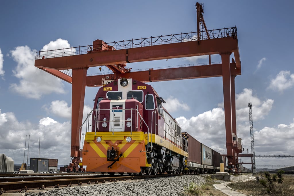 A Kenya Railways Corp goods train pulls shipping containers as it departs from the port station on the Chinese-built Mombasa-Nairobi Standard Gauge Railway in Mombasa, Kenya, in September 2018. Photo: Bloomberg