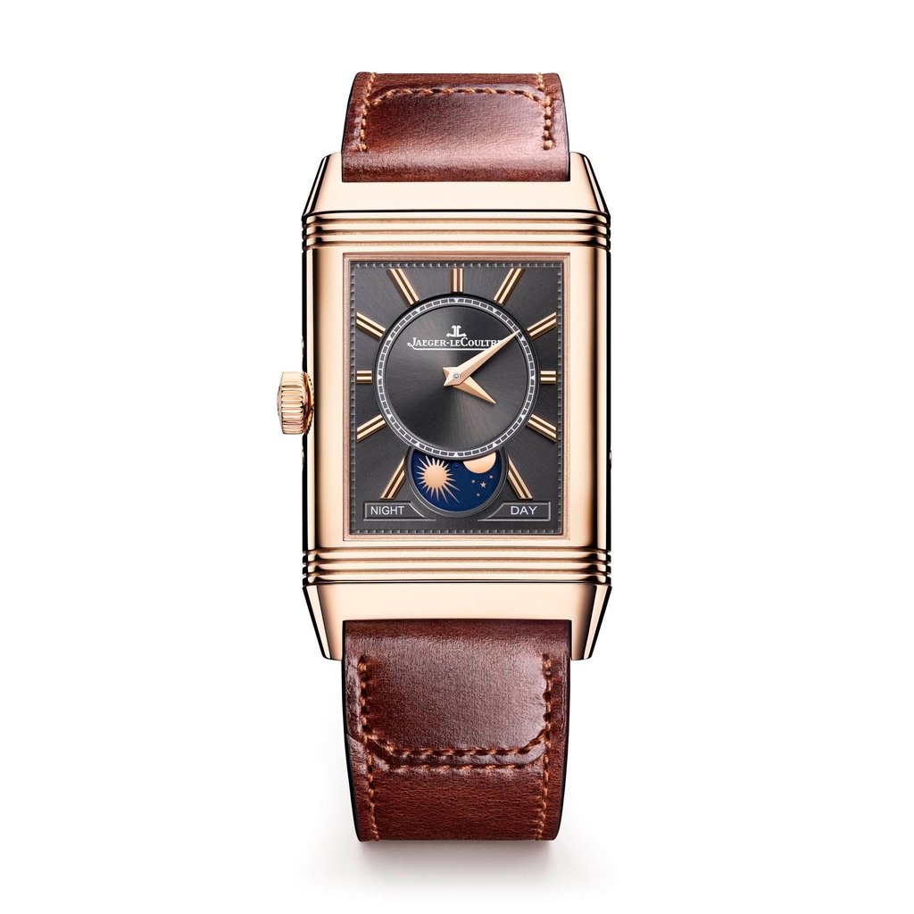 Jaeger-LeCoultre’s Reverso Tribute Duoface Calendar is available in either pink gold (pictured) or stainless steel.