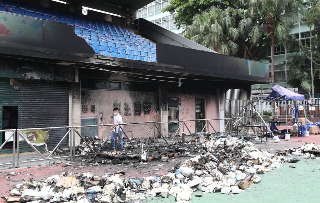 Four tents at the Sha Tsui Road Covid-19 testing station were burned last year. Photo: Edmond So Four tents at the Sha Tsui Road Covid-19 testing station were burned last year. Photo: Edmond So