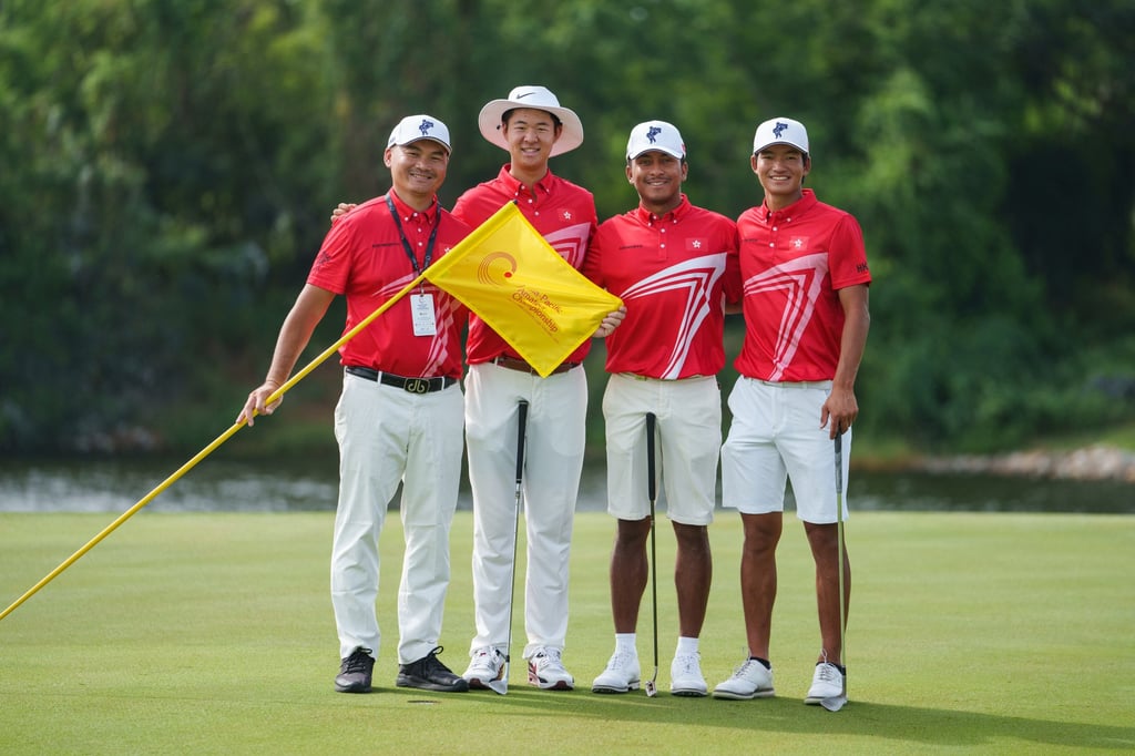 Team Hong Kong (from left) Tim Tang, Alexander Yang, Leon D’Souza and Taichi Kho during Wednesday’s practice round ahead of the 2022 Asia-Pacific Amateur Championship. Photo: AAC