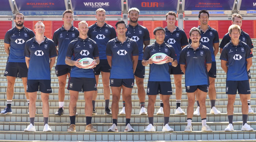 Hong Kong Sevens squad: (from left of front row) Alex McQueen, Max Woodward (captain), Mike Coverdale, Cado Lee, Russ Webb and Mak Kwai-chung. In the back row (from left) are Alessandro Nardoni, Pierce Mackinlay-West, Harry Sayers, Max Denmark, Liam Doherty, Salom Yiu and Seb Brien. Photo: Jonathan Wong