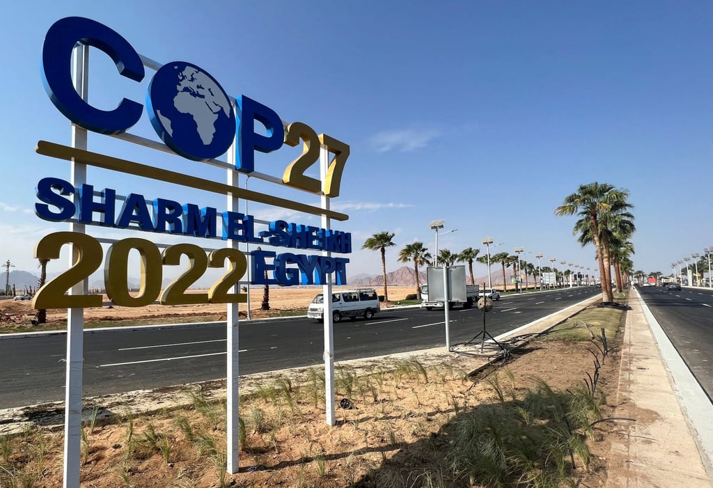 A COP27 sign on the road leading to the conference area in Egypt’s Red Sea resort of Sharm el-Sheikh, which is preparing to host the summit next month. Photo: Reuters