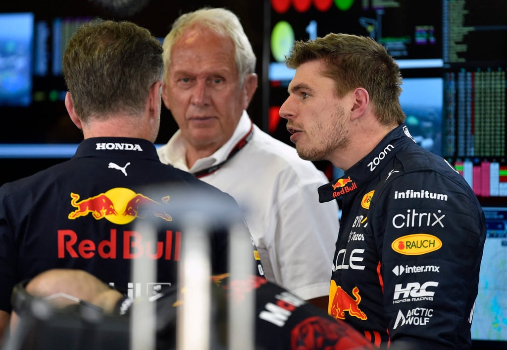 Max Verstappen (right) speaks with Red Bull F1 team’s adviser Helmut Marko and Red Bull Racing’s British team chief Christian Horner. Photo: AFP Max Verstappen (right) speaks with Red Bull F1 team’s adviser Helmut Marko and Red Bull Racing’s British team chief Christian Horner. Photo: AFP