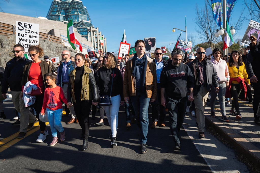 Canada’s Prime Minister Justin Trudeau marches along Alexandra Bridge in Ottawa, Canada on Saturday during a protest in support of women in Iran following the death of Mahsa Amini. Photo: Reuters Canada’s Prime Minister Justin Trudeau marches along Alexandra Bridge in Ottawa, Canada on Saturday during a protest in support of women in Iran following the death of Mahsa Amini. Photo: Reuters