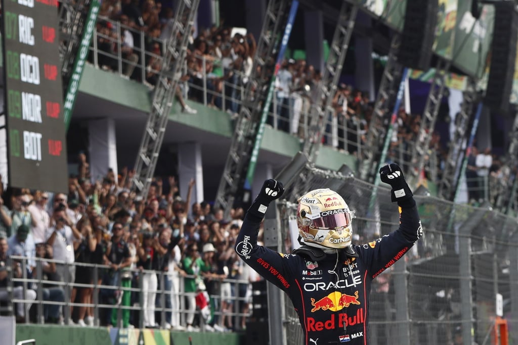 Max Verstappen celebrates his record-setting 14th victory of the season in Mexico. Photo: EPA-EFE