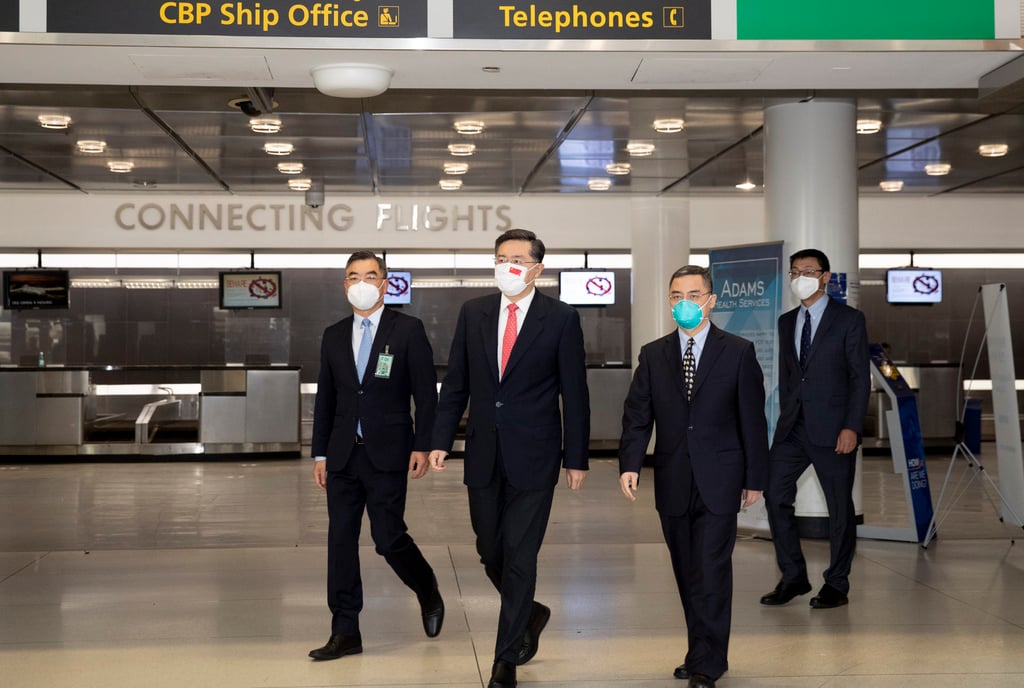Qin (second from left) arrives in Washington in July 2021 to take up his post as China’s ambassador to the US. Photo: Xinhua Qin (second from left) arrives in Washington in July 2021 to take up his post as China’s ambassador to the US. Photo: Xinhua