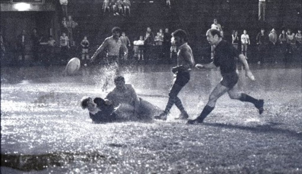 The Hong Kong Football Club pitch resembles a lake at the Sevens in 1980. Photo: SCMP The Hong Kong Football Club pitch resembles a lake at the Sevens in 1980. Photo: SCMP