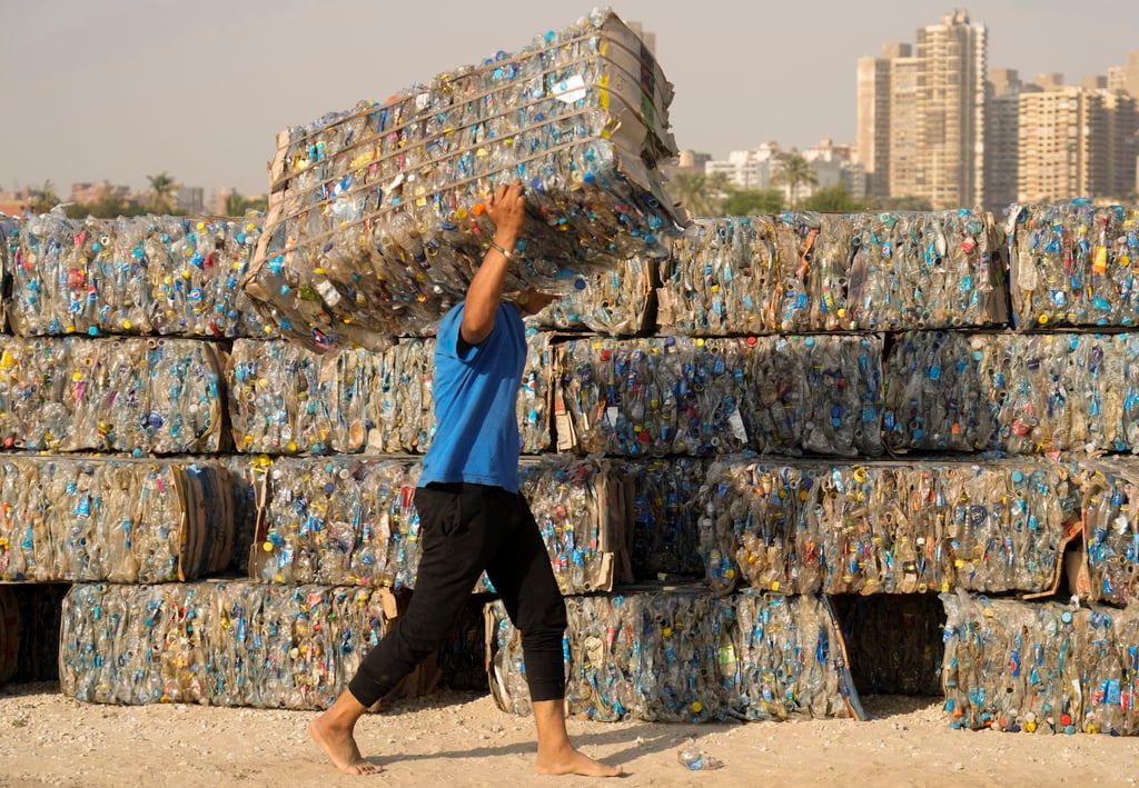 A worker carries compressed plastic bottles, which were collected by volunteers and fishermen from the Nile to build a plastic pyramid ahead of World Cleanup Day in Cairo, Egypt on September 15, 2022. The conference known as COP27 will be held in the resort city of Sharm el-Sheikh in Egypt starting on Sunday. Photo: AP