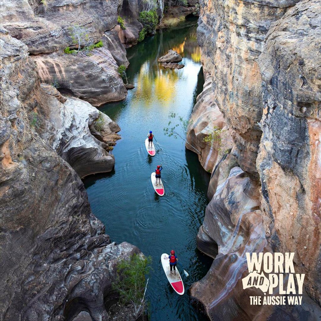An images of 3 people Stand Up Paddling in a river in Australia, part of Tourism Australia’s Work and Play the Aussie Way. Photo: Tourism Australia An images of 3 people Stand Up Paddling in a river in Australia, part of Tourism Australia’s Work and Play the Aussie Way. Photo: Tourism Australia