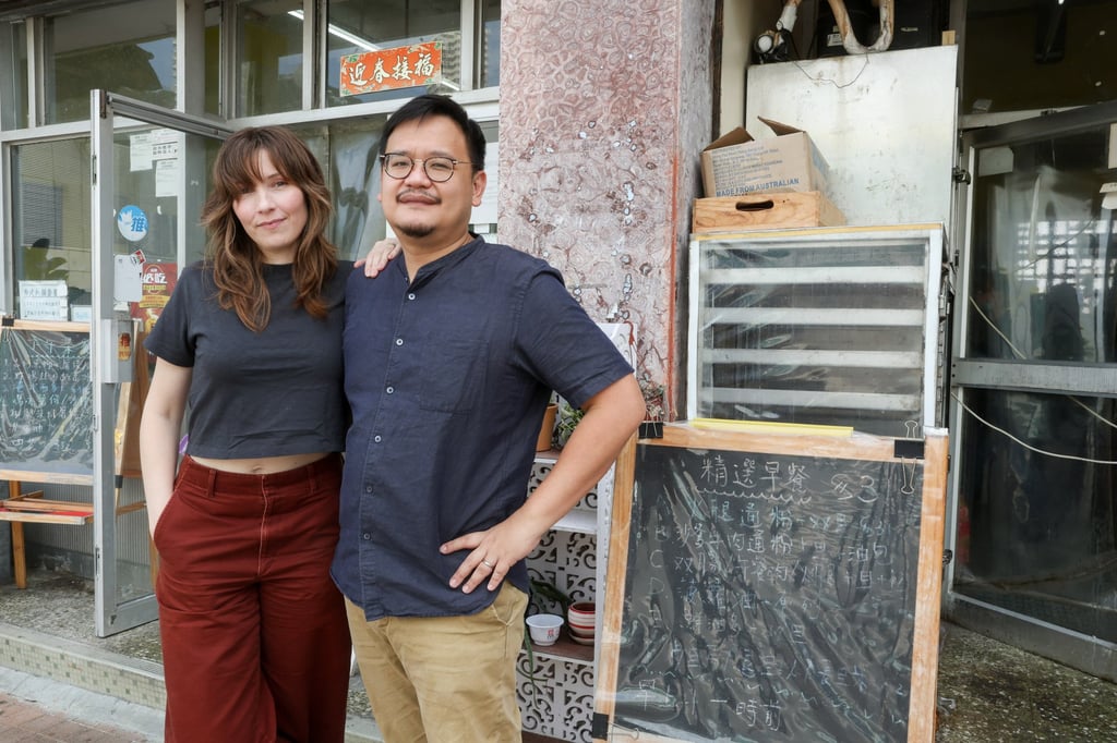 Filmmakers Kate Reilly and Leung Ming-Kai outside Silver Cafe in Hong Kong’s Wah Fu Estate. Photo: Edmond So