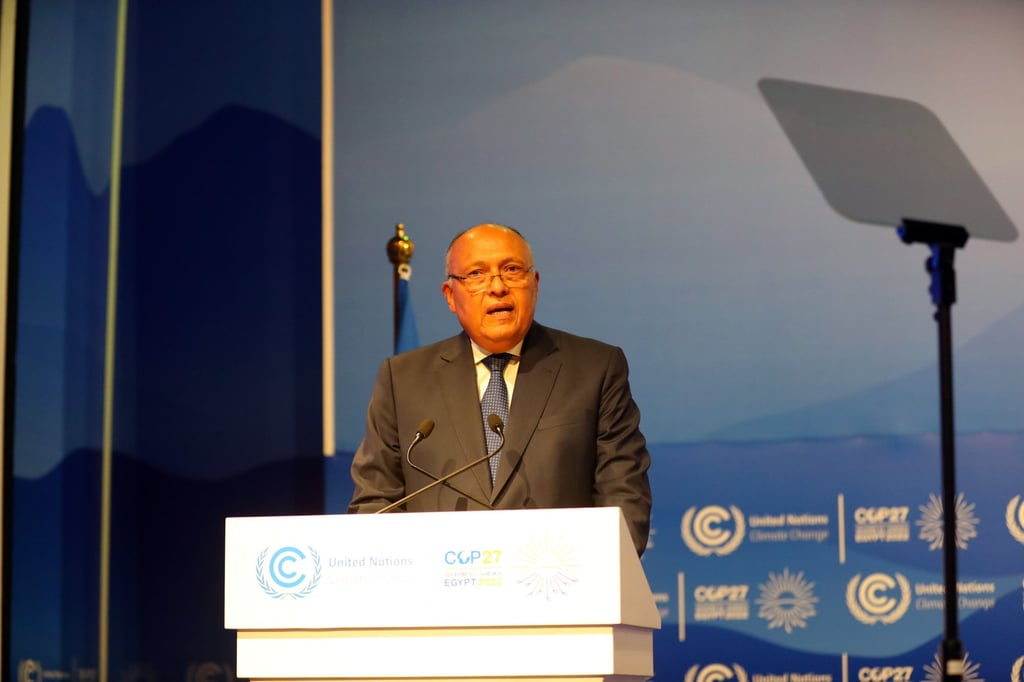 COP27 President Sameh Shoukry at the climate summit in Egypt on Sunday. Photo: Xinhua