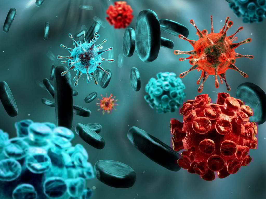 A 3D illustration of virus and bacteria cells infecting the human body. Photo: Shutterstock