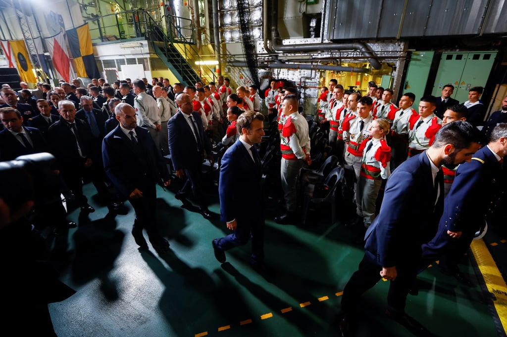 French President Emmanuel Macron leaves after delivering a speech on defence strategy to present the La Revue nationale strategique. France also plans to revamp its partnerships and operations in Africa, where its forces have been trying to help local governments contain Islamist insurgencies in the Sahel region for the past decade. Photo: EPA-EFE
