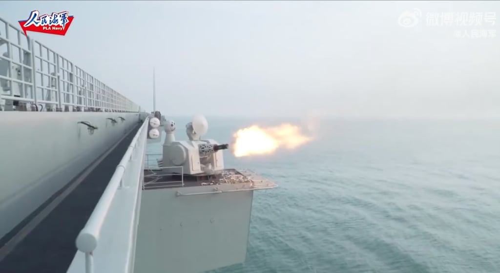 The warship was shown taking part in “combat-oriented training” at sea. Photo: Weibo The warship was shown taking part in “combat-oriented training” at sea. Photo: Weibo
